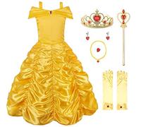 JerrisApparel Disfraz Princesa Niña Vestido Carnaval Navidad Fiesta (140, Amarillo con Accesorios)