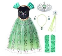 JerrisApparel Niña Princesa Anna Disfraz Fiesta de Cosplay Lujo Vestido (6 años, Verde con Accesorios)