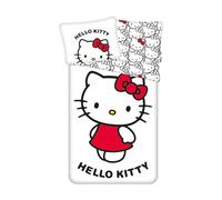 Jerry Fabrics Juego de ropa de cama Hello Kitty, 100% algodón, funda de edredón 135x200 cm, funda de almohada 80x80 cm, diseño de dibujos animados, blanco con rojo