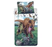 Jerry Fabrics Juego de ropa de cama infantil Jurassic World Dinosaurio T-Rex, Stegosaurus, Velociraptor Blue Monstruo Prehistórico, edredón de 140 x 200 + almohada de 70 x 90 cm, 100% algodón
