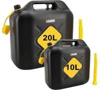 Jerrycan 20L + 10L Negro - Juego de 2 - Jerrycans de combustible de plástico aprobados por la ONU con embudo, boquilla y manguera de llenado - Para gasolina, diésel y agua