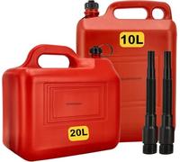 Jerrycan Set 20L + 10L Rojo - Con embudo y manguera de llenado - Jerrycans de combustible para gasolina y diesel - Depósito de gasolina de plástico - Aprobado por la ONU