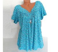 Jersey Blusa para mujer, camiseta corta, talla grande, manga corta, cuello en V, blusa informal para mujer, azul celeste, XXL