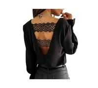 FRESQA Jersey con Costuras de Encaje Hueco en Forma de V en la Espalda, Blusa Blanca, Camisa de Manga Larga Sexy con Cuello en V para otoño e Invierno