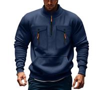 Jersey con cremallera 1/4 para hombre, sudadera para hombre sin capucha, suéter de invierno, sudaderas de gran tamaño, con muchos bolsillos, cuello alto, suéter de trabajo, monocolor, parte superior