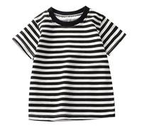 Jersey corto de manga corta camiseta a rayas de algodón puro para niños y niñas Top Baby Base Camisa Niños Ropa Niños, Negro , 18-24 meses