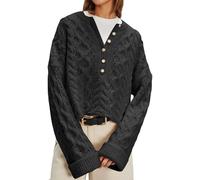 Jersey corto de punto para mujer, manga larga, patrón trenzado, cárdigan grueso de punto con botones, suéter con cuello en V, abrigo para otoño e invierno, vintage, cárdigan cálido, Negro , S