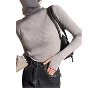 Jersey Cuello Alto Mujer Suéter de Punto Color Liso for Mujer, suéter Invierno Adelgazante con Interior superpuesto, Tops básicos cálidos(Grey)