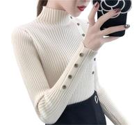Jersey Cuello Alto Mujer Suéter de Punto for Mujer, otoño, Ajustado, algodón Liso, y elástico, con Botones Manga Larga(Beige)