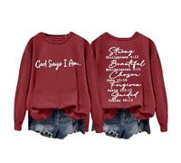 Jersey de algodón para mujer, cuello redondo, manga larga, tops cómodos, Harajuku camiseta de manga larga con god says I am print holgada sencilla túnica ligera camiseta larga casual blusa, Vino, S
