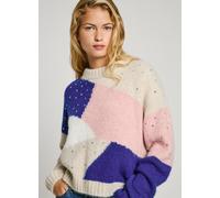 Jersey de bloques de color, cuello redondo Mujer Talla L. Color Beige