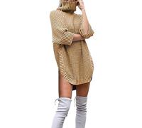 Jersey de cuello alto para mujer, de gran tamaño, vestido de punto con cuello alto, manga 3/4, suéter de punto, suelto, informal, para otoño e invierno, vestido largo, informal, suéter de punto, caqui