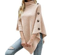 Jersey de cuello alto para mujer, manga 3/4, dobladillo asimétrico, jersey de punto, talla grande, suéter informal de otoño, invierno, cuello alto, detalle de botones, chándal, poncho, café