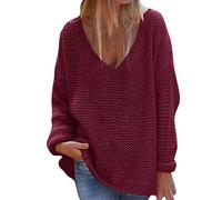 Jersey de cuello en V para mujer, jersey fino Oversize para mujer, sudadera ancha, color liso, talla grande, manga larga, alto, otoño, informal, suéter de punto versátil, ropa interior, Vino, XXL