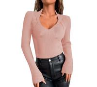 Jersey de cuello en V para mujer, jersey ligero para mujer, manga larga, suéter de punto asimétrico, alto color liso, versátil, túnica casual doblada sudadera, mitad de temporada, punto alto, rosa, M