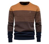 Jersey de Invierno a Rayas para Hombre Slim Fit Con Cuello Redondo, Suéter Bloque de Color, Punto Rayas, Manga Larga, Estrecho, D-Naranja, XL