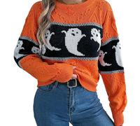 Jersey de invierno para mujer de halloween suéter sobre punto con patrón de halloween estampado cuello redondo manga larga sudadera túnica casual otoño-invierno gran tamaño ropa 2025 mujer de gran