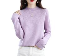 Jersey de Lana Merino de Mujer Encaje de Ganchillo Jersey de Cachemira de Cuello Falso Manga Larga Jersey de Punto Suave, Cálido Y Sin Costuras Otoño, Invierno Lavanda Morado XXL