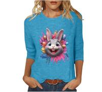 Jersey de manga 3/4 para mujer, divertido conejito de Pascua, camiseta de manga larga, elegante, cuello redondo, blusa festiva, patrón de conejo, suelto, parte superior, informal, camiseta de manga
