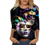 Jersey de manga 3/4 para mujer, para carnaval, con estampado de máscara, camiseta festiva, blusa de manga larga, cómoda, camiseta de manga larga, camiseta de ocio, cuello redondo, camiseta de ocio
