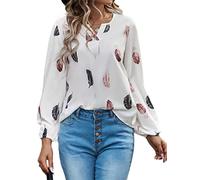 Jersey de manga larga con estampado de plumas para mujer, blusas, camisas para mujer, verano, primavera, tallas grandes, cuello en V, mangas de farol, corte holgado, sudadera, camiseta, Blanco, XL