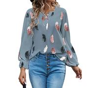 Jersey de manga larga con plumas para mujer, blusas estampadas, camisas para mujer, verano, primavera, tallas grandes, cuello en V, mangas de farol, corte holgado, sudadera, camiseta, Azul 1, L