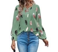 Jersey de manga larga con plumas para mujer, blusas estampadas, camisas para mujer, verano, primavera, tallas grandes, cuello en V, mangas de farol, corte holgado, sudadera, camiseta, verde, L