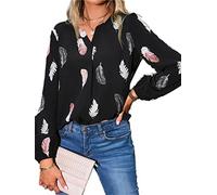 Jersey de manga larga con plumas para mujer, blusas estampadas, camisas para mujer, verano, primavera, tallas grandes, cuello en V, mangas de farol, corte holgado, sudadera, camiseta, Negro , XL
