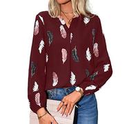 Jersey de manga larga con plumas para mujer, blusas estampadas, camisas para mujer, verano, primavera, tallas grandes, cuello en V, mangas de farol, corte holgado, sudadera, camiseta, rojo, L