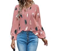 Jersey de manga larga con plumas para mujer, blusas estampadas, camisas para mujer, verano, primavera, tallas grandes, cuello en V, mangas de farol, corte holgado, sudadera, camiseta, Rosa., S