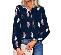 Jersey de manga larga con plumas para mujer, blusas estampadas, camisas para mujer, verano, primavera, tallas grandes, cuello en V, mangas de farol, corte holgado, sudadera, camiseta, azul, XL