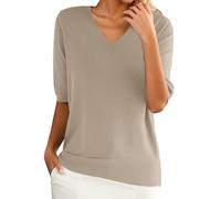 Jersey de mangas cortas para mujer - Tricot fino - Cuello en V - Ligero - Elástico - Color liso - Blusa básica - Primavera verano - Jersey elegante y chic para mujer - Jersey de punto, top básico