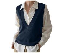 Jersey de mujer chaleco cuello en V suéter prendas de punto sin mangas suéter sin mangas otoño 2024, marine, XXL