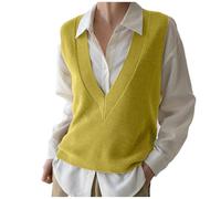 Jersey de mujer chaleco cuello en V suéter prendas de punto sin mangas suéter sin mangas otoño 2024, amarillo, M