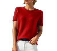 Jersey de mujer de manga corta de imitación de cachemira elegante primavera verano sudadera cuello redondo mujer blusa manga corta jersey punto color sólido suéter de punto suéter ocio suéter, rojo, L