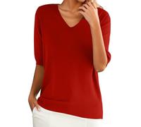 Jersey de mujer de verano ligero jersey de punto fino top manga corta cuello en V casual suéter de punto elegante primavera verano sudadera monocolor manga corta cómodo tops de punto, rojo, L