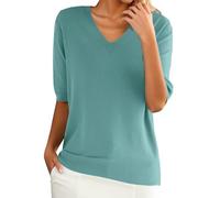 Jersey de mujer de verano ligero jersey de punto fino top manga corta cuello en V casual suéter de punto elegante primavera verano sudadera monocolor manga corta cómodo tops de punto, verde menta, XXL