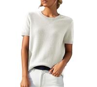 Jersey de Mujer Elegante de Manga Corta - Imitación de Cachemira, Cuello Redondo, Color Sólido - Blusa Primavera Verano, Suéter de Punto Ocio, Blanco