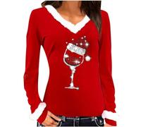 Jersey de Navidad para mujer, color rojo, con impresión de copa de vino, manga larga, cuello de pico, jersey de Navidad, manga larga, camiseta ligera, jersey de Navidad, camiseta básica, jersey de