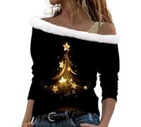 Jersey de Navidad para mujer, con estampado navideño, hombros descubiertos, manga larga, con correas para los hombros, suéter de Navidad para niñas, camiseta de manga corta para mujer, amarillo, XXL