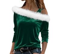 Jersey de Navidad para mujer con hombros descubiertos de peluche peludo suéteres de Navidad para mujer manga 3/4 caliente suave y confort Rigolo Sudadera Camisetas Navidad Familia Trajes Christmas