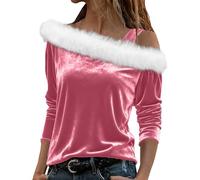 Jersey de Navidad para mujer con hombros descubiertos de peluche peludo suéteres de Navidad para mujer manga 3/4 caliente suave y confort Rigolo Sudadera Camisetas Navidad Familia Trajes Christmas