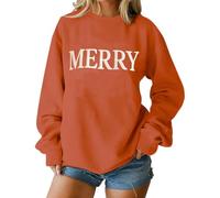Jersey de Navidad para mujer, cuello redondo, camiseta de Navidad con texto Merry Dünn Weihnachten Langarmshirt Modisch Langarm Weihnachtspulli Christmas Tops, naranja, XL