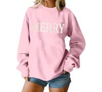 Jersey de Navidad para mujer, cuello redondo, camiseta de Navidad con texto Merry Dünn Weihnachten Langarmshirt Modisch Langarm Weihnachtspulli Christmas Tops, Rosa., S
