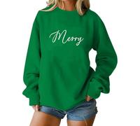 Jersey de Navidad para mujer, divertido, cuello redondo, sudadera con texto Merry manga larga, camiseta de Navidad, camiseta fina de Navidad, camiseta de manga larga, verde, XXL
