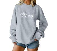 Jersey de Navidad para mujer, divertido, cuello redondo, sudadera con texto Merry manga larga, camiseta de Navidad, camiseta fina de Navidad, camiseta de manga larga, gris, M