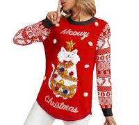 Jersey de Navidad para mujer, divertido jersey de Navidad, tallas grandes, jersey de punto para mujer, camiseta de Navidad, manga larga, diseño de gato, verde y rojo, sudadera de Navidad, talla