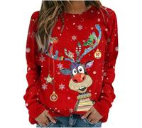 Jersey de Navidad para Mujer, Divertido suéter navideño Ugly Christmas Sweater Manga Larga Cuello Redondo Tallas Grandes algodón Merry Christmas Print Rudolph Reno Duende Camiseta de Navidad Invierno