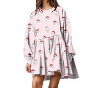 Jersey de Navidad para mujer, informal, talla grande, cuello redondo suelto, manga larga, sudadera con capucha, falda plisada irregular, vestido de patchwork, falda con capucha, Rosa., XXL