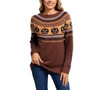 Jersey de punto de manga larga para mujer, estilo retro, bordado, lunares, para invierno, marrón, M